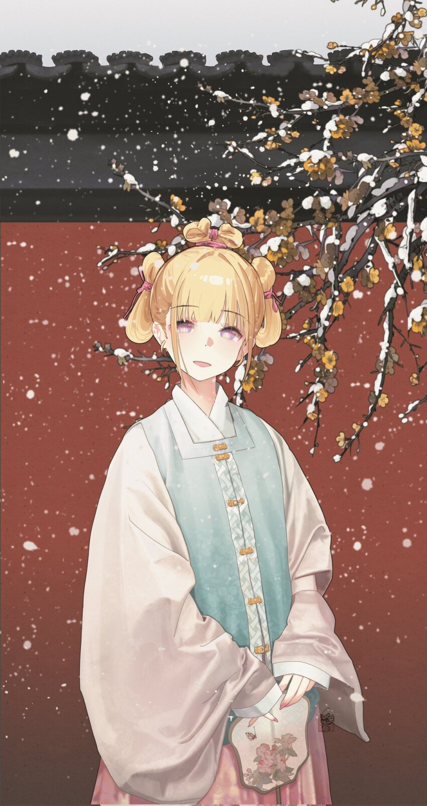 1girl anata_no_utahime_(lzr13708949567) animal_print aoqun aqua_vest architecture bijia blonde_hair butterfly_print chinese_clothes cowboy_shot east_asian_architecture floral_print floral_print_hanfu floral_print_vest flower fold-over_collar hand_fan hanfu highres long_sleeves looking_at_viewer open_mouth orange_flower original pankou pink_nails pink_skirt plum_blossoms purple_eyes shirt shuangyaji skirt smile snowing solo square_neckline topknot tuanshan white_shirt wide_sleeves winter