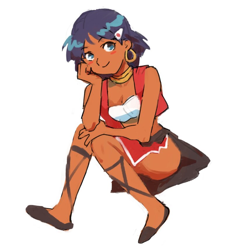 1girl bandeau bare_arms bare_shoulders blue_eyes blue_hair breasts cleavage closed_mouth dark-skinned_female dark_skin earrings full_body fushigi_no_umi_no_nadia gan2 hair_ornament highres hoop_earrings jewelry medium_breasts nadia_la_arwall neck_ring open_clothes open_vest red_vest short_hair simple_background smile solo vest white_background white_bandeau