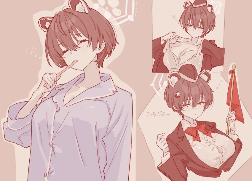 1girl animal_ear_fluff animal_ears black_jacket blue_archive blue_shirt bow breasts brushing_teeth cleavage closed_eyes extra_ears fight_yoghurt flag hair_between_eyes hat holding holding_flag jacket large_breasts official_alternate_costume open_clothes open_shirt panda_ears panda_girl red_bow sailor_hat shirt short_hair sidelocks solo tsubaki_(blue_archive) tsubaki_(guide)_(blue_archive)