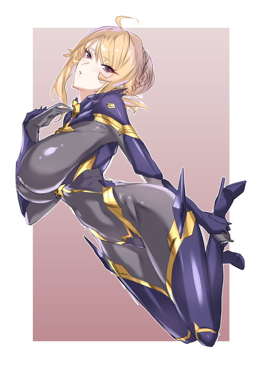 1girl absurdres angelica_rapha_redgrave blonde_hair bodysuit breasts commission full_body hair_between_eyes hair_bun highres large_breasts mogi_yasunobu moginiki otome_game_sekai_wa_mob_ni_kibishii_sekai_desu pixiv_commission red_eyes simple_background solo