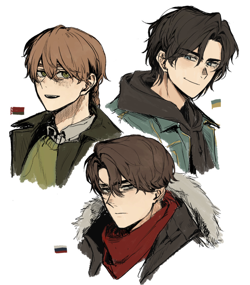 3boys belarus_(saboten92) belarusian_flag black_hair blue_eyes braid brown_hair closed_mouth collared_shirt green_eyes highres long_hair looking_at_viewer multiple_boys original parted_bangs personification portrait red_scarf russia_(saboten92) russian_flag saboten92 scarf shirt simple_background smile ukraine_(saboten92) ukrainian_flag white_background white_hair