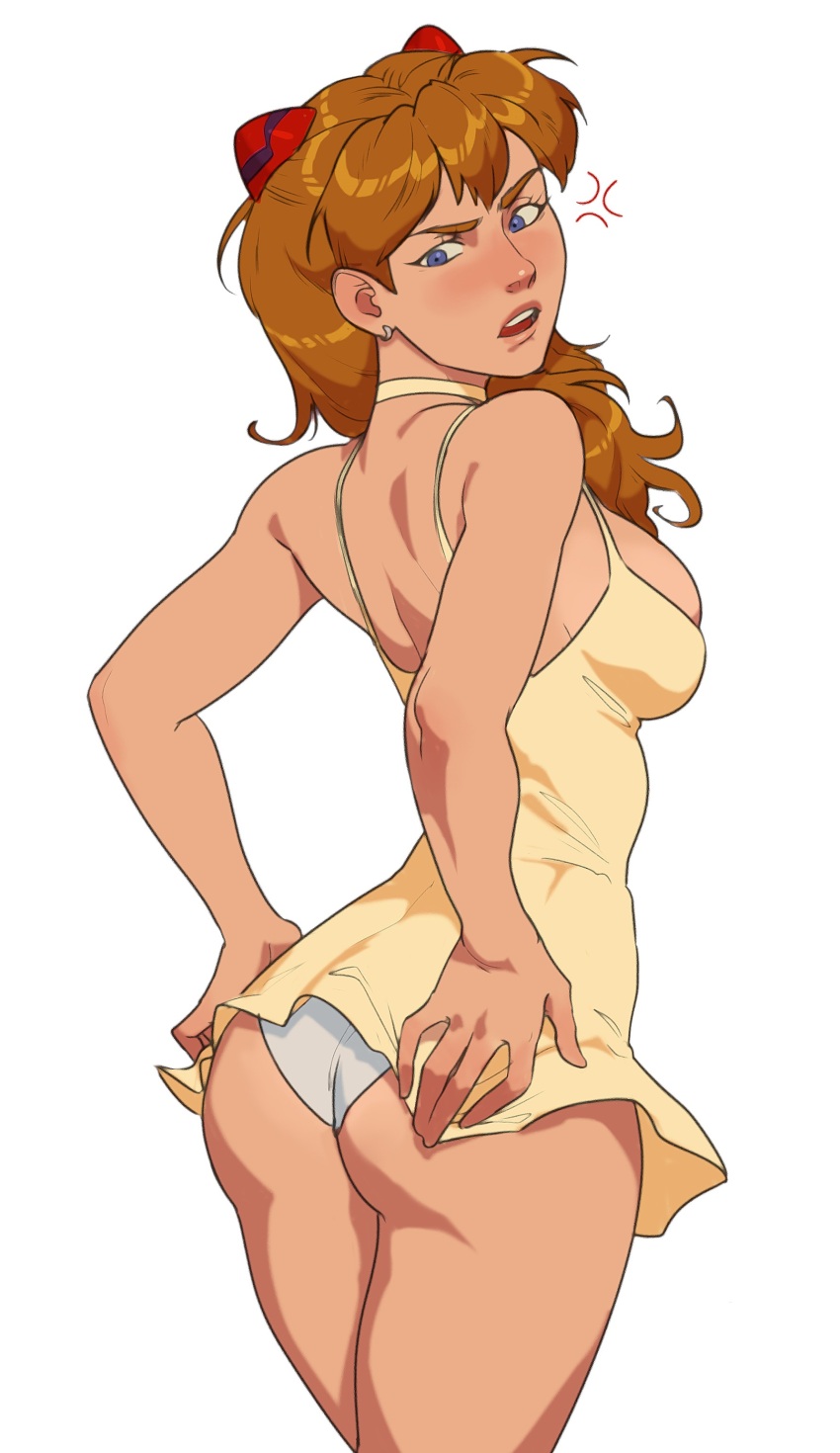 1girl absurdres ass blanclauz blue_eyes blush brown_hair dress embarrassed highres long_hair looking_at_viewer looking_back neon_genesis_evangelion open_mouth panties short_dress smile souryuu_asuka_langley sundress teeth two_side_up underwear upper_teeth_only wedgie white_panties wide_hips yellow_dress