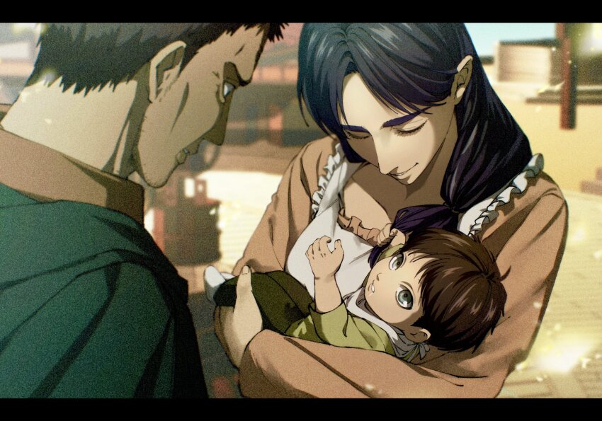 1girl 2boys 35ohama_yu apron baby black_border black_hair border brown_hair carla_yeager eren_yeager green_eyes green_shirt highres multiple_boys parted_lips shingeki_no_kyojin shirt shoes side_ponytail teeth upper_body white_apron white_shoes