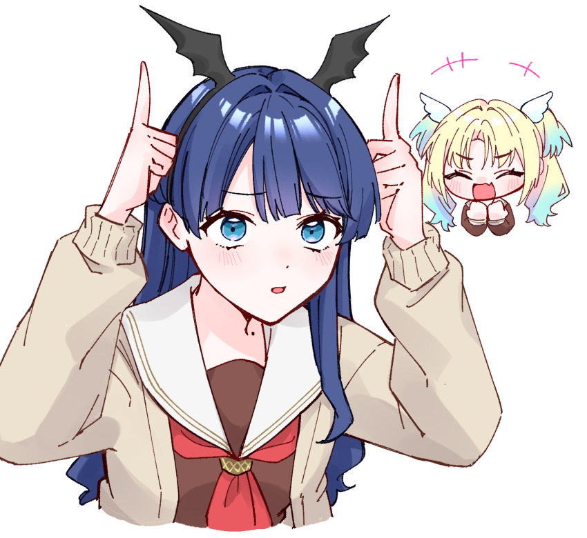 2girls :d ^_^ arms_up black_hairband blush brown_cardigan brown_dress cardigan closed_eyes commentary confused dress fang hair_ornament hairband hashtag-only_commentary hasu_no_sora_school_uniform highres horns_pose link!_like!_love_live! long_sleeves love_live! mole mole_on_neck multiple_girls murano_sayaka neckerchief open_cardigan open_clothes open_mouth osawa_rurino parted_lips red_neckerchief sailor_collar sailor_dress school_uniform simple_background skin_fang smile twintails virtual_youtuber white_background white_sailor_collar wing_hair_ornament winged_hairband winter_uniform zangemiya