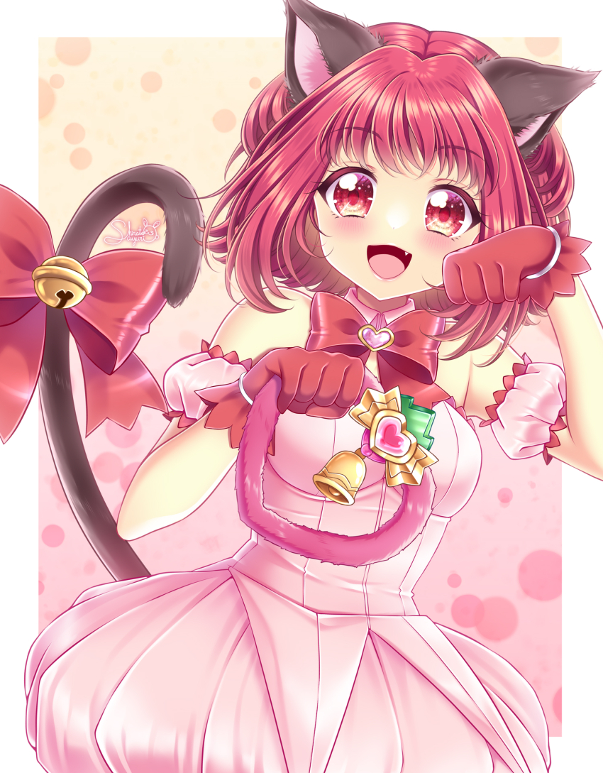 1girl animal_ears blush bow breasts cat_ears cat_girl cat_tail cleavage dress gloves highres holding holding_weapon jingle_bell_tail looking_at_viewer magical_girl medium_breasts mew_ichigo momomiya_ichigo open_mouth paw_pose pink_background pink_bow pink_dress red_eyes red_gloves red_hair shirato_sayuri simple_background smile solo strapless strapless_dress strawbell_bell tail tokyo_mew_mew tokyo_mew_mew_new weapon