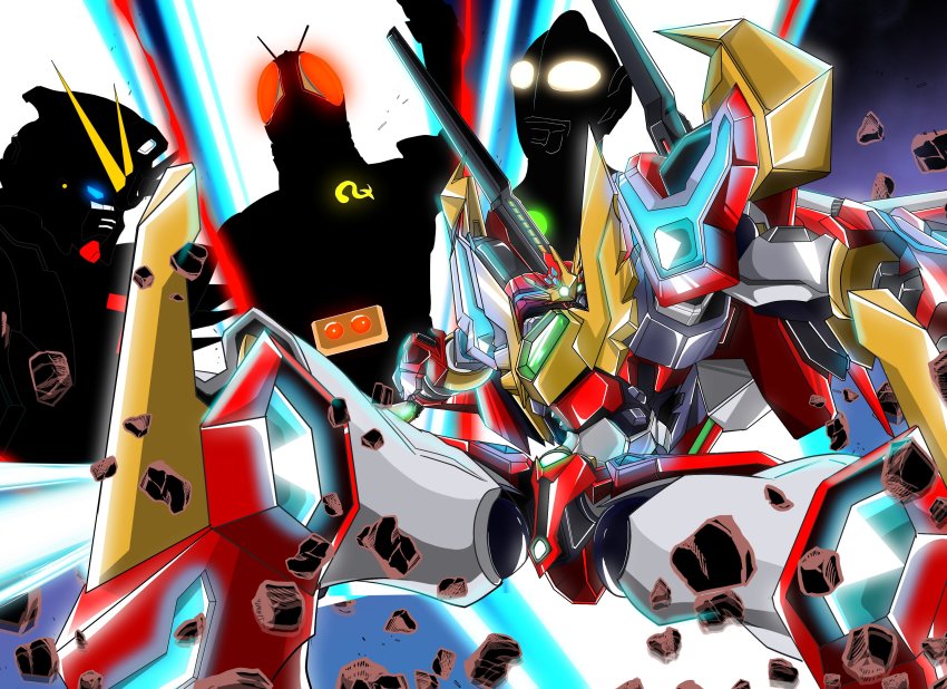2boys absurdres armor belt compatible_kaiser crossover f91_gundam g_compatible_kaiser glowing glowing_eyes green_eyes gundam gundam_f91 highres kamen_rider kamen_rider_black_rx kamen_rider_black_rx_(series) looking_at_viewer mecha multiple_boys red_eyes rider_belt robot south_australian_film_corporation super_robot super_robot_wars super_robot_wars_original_generation super_robot_wars_original_generation_gaiden sword ultra_series ultraman:_towards_the_future ultraman_great weapon yellow_eyes yuuki_(gatama)