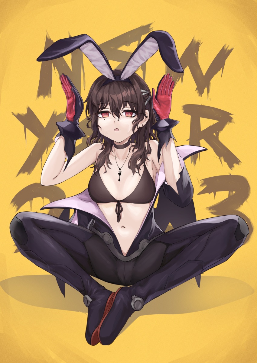 1girl :o absurdres animal_ears bare_shoulders bikini black_bikini black_choker black_gloves boots breasts brown_hair choker clothes_pull expressionless flareza front-tie_bikini_top front-tie_top full_body girls&#039;_frontline girls&#039;_frontline_neural_cloud gloves hair_between_eyes hair_ornament hairclip hands_up hatsuchiri_(neural_cloud) highres jacket jacket_pull jewelry key key_necklace knees_apart_feet_together looking_at_viewer medium_breasts messy_hair midriff navel necklace open_clothes open_jacket orange_eyes rabbit_ears rabbit_pose sitting solo spread_legs swimsuit thigh_boots torn_clothes yellow_background