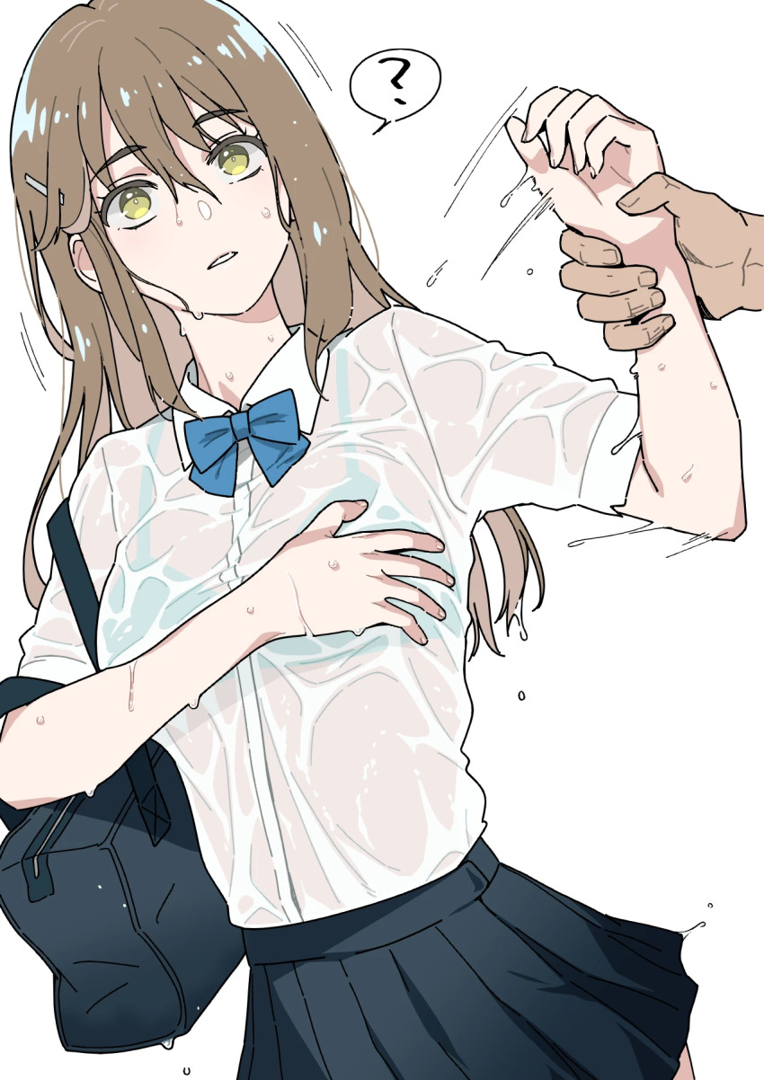 1boy 1girl ? blue_bow blue_bowtie bowtie bra brown_hair collared_shirt covering_breasts covering_privates green_eyes hair_between_eyes hige_bear highres holding_another&#039;s_wrist long_hair original parted_lips pleated_skirt see-through_clothes see-through_shirt shirt shirt_tucked_in short_sleeves simple_background skirt solo_focus spoken_question_mark underwear webp-to-png_conversion wet wet_clothes wet_hair wet_shirt white_background