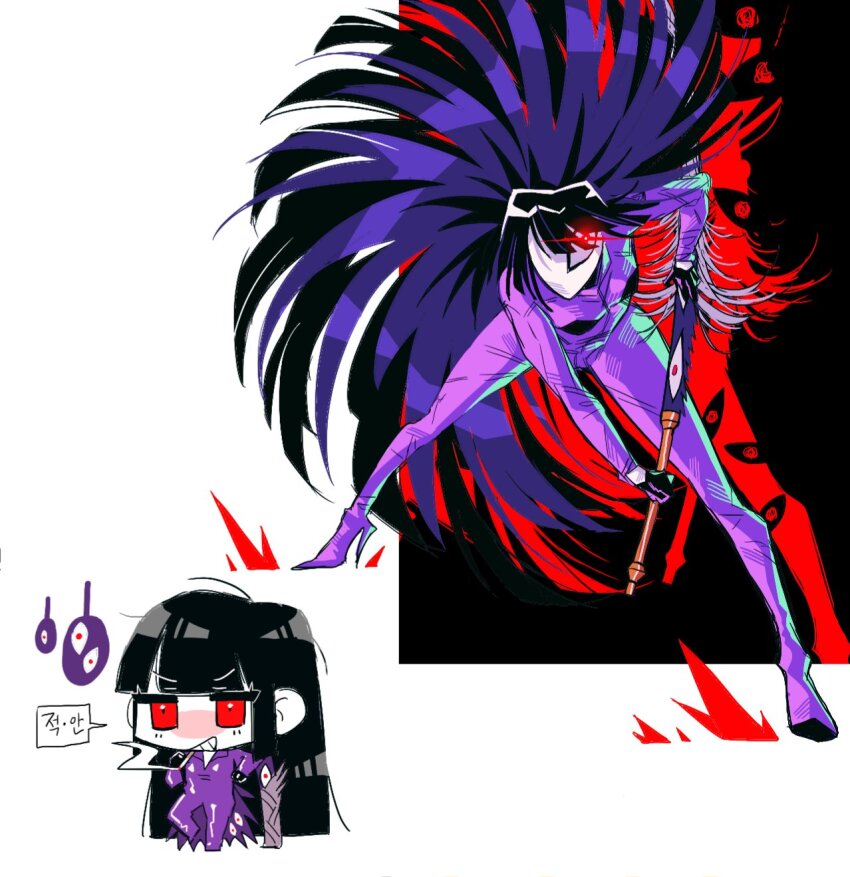 1girl black_hair bodysuit e.g.o_(project_moon) floating_hair grin high_heels highres limbus_company long_hair long_sleeves looking_at_viewer multiple_views nyak_138 project_moon purple_bodysuit red_eyes red_eyes_(e.g.o) ryoshu_(project_moon) simple_background smile spider_bud very_long_hair white_background