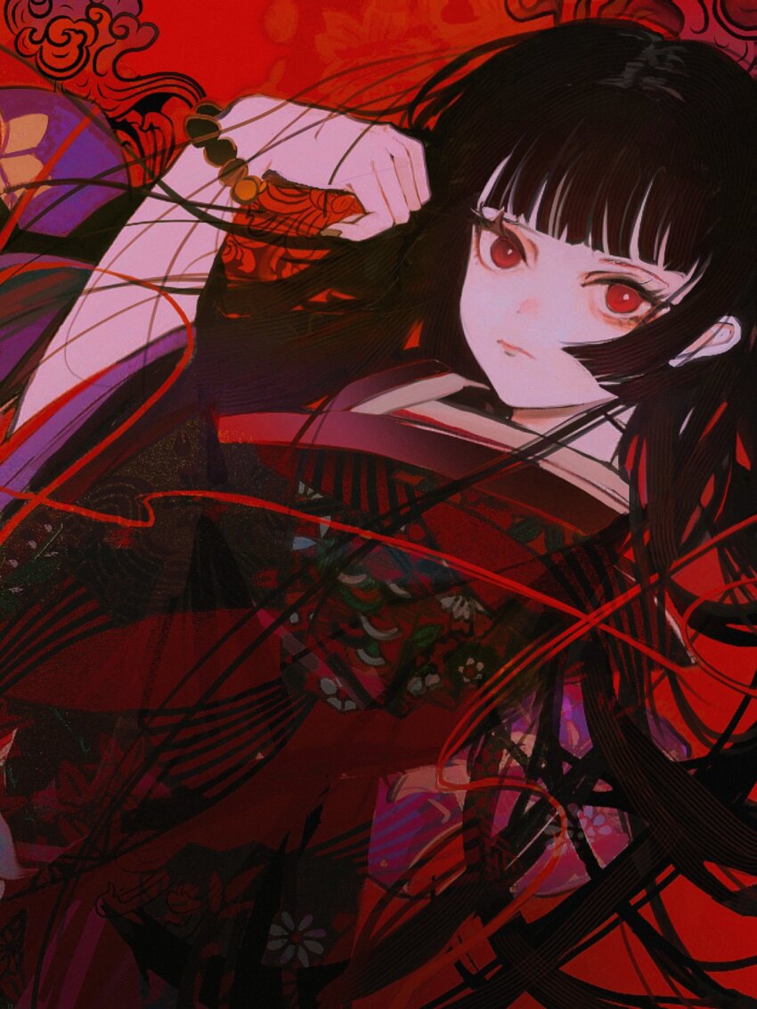 1girl black_hair black_kimono blunt_bangs bracelet enma_ai highres hime_cut japanese_clothes jewelry jigoku_shoujo john_kafka kimono long_hair looking_at_viewer red_background red_eyes solo upper_body
