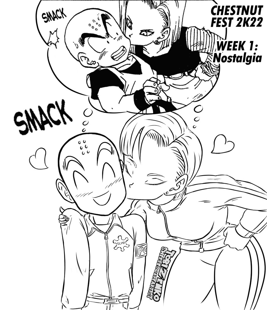 1boy 1girl android_18 bald bald_male blush couple dragon_ball dragon_ball_super dragon_ball_super_super_hero happy heart hug husband_and_wife kiss kuririn smack smile thick_thighs thighs toriyama_akira white_background