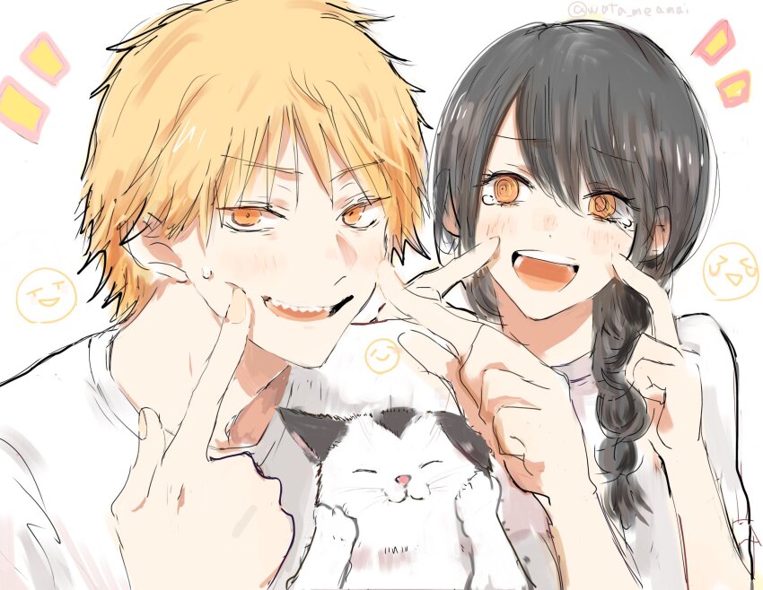 1boy 1girl :d black_hair braid cat chainsaw_man commentary denji_(chainsaw_man) fingersmile highres index_fingers_raised long_hair meowy_(chainsaw_man) nayuta_(chainsaw_man) open_mouth orange_eyes ringed_eyes sharp_teeth shirt short_hair single_braid smile sweatdrop symbol-only_commentary tearing_up teeth upper_teeth_only wata_meamai white_shirt