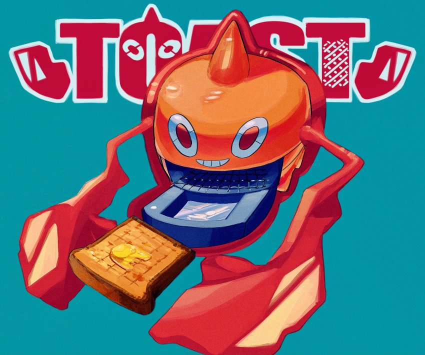 aqua_background bread bread_slice butter food full_body gen_4_pokemon gogot grin highres holding holding_food nintendo no_humans pokemon pokemon_(creature) rotom rotom_(heat) smile solo teeth toast