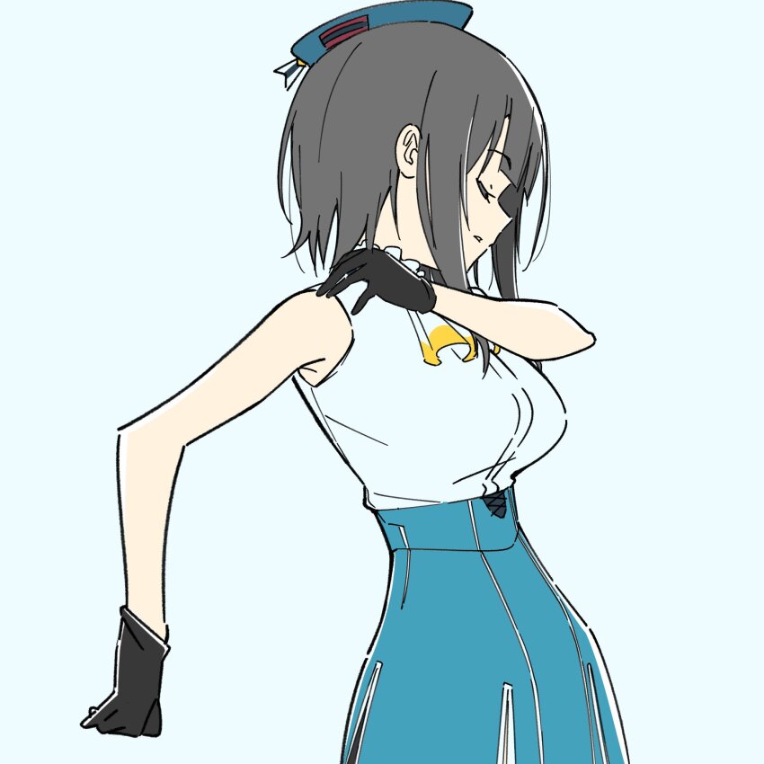 1girl beret black_gloves black_hair blue_hat blue_skirt breasts closed_eyes from_side gloves hat high-waist_skirt highres kamotsu kantai_collection large_breasts parted_lips profile shirt short_hair simple_background skirt sleeveless sleeveless_shirt solo takao_(kancolle) white_shirt