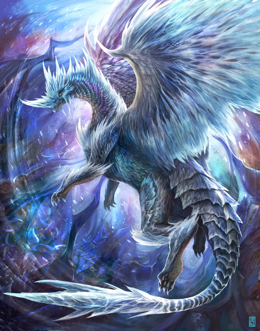 absurdres blue_scales closed_mouth dragon dragon_horns dragon_tail flying frost full_body highres horns ice monster monster_focus monster_hunter:_world monster_hunter_(series) monster_hunter_world:_iceborne no_humans scales sharp_tail slit_pupils solo spikes spread_wings tail uchi_vs_the_world velkhana watermark wind yellow_eyes