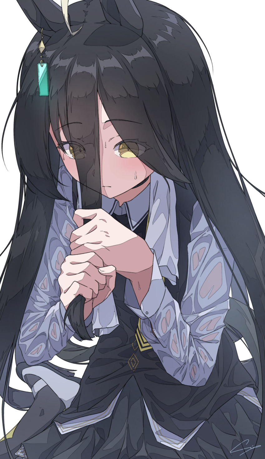 1girl ahoge animal_ears black_hair black_skirt blue_shirt ci4 closed_mouth commentary_request eyes_visible_through_hair hair_between_eyes highres horse_ears horse_girl long_hair manhattan_cafe_(umamusume) multicolored_hair shirt signature simple_background skirt solo streaked_hair towel towel_around_neck umamusume wet wet_clothes wet_hair wet_shirt white_background white_hair yellow_eyes