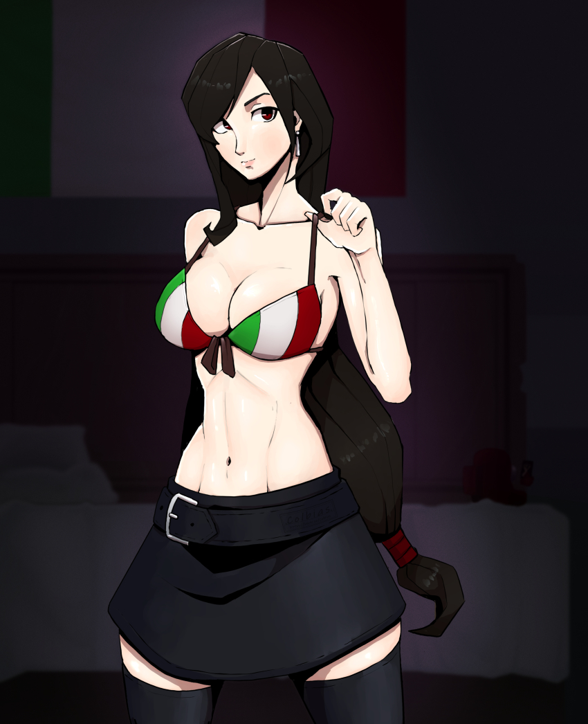 1girl abs absurdres bikini black_legwear black_skirt breasts final_fantasy final_fantasy_vii final_fantasy_vii_remake highres italian_flag italian_senate_porn_livestream_(meme) italian_senate_porn_livestream_(meme) large_breasts long_hair meme skirt solo striped_bikini striped_clothes swimsuit tagme thighhighs tifa_lockhart