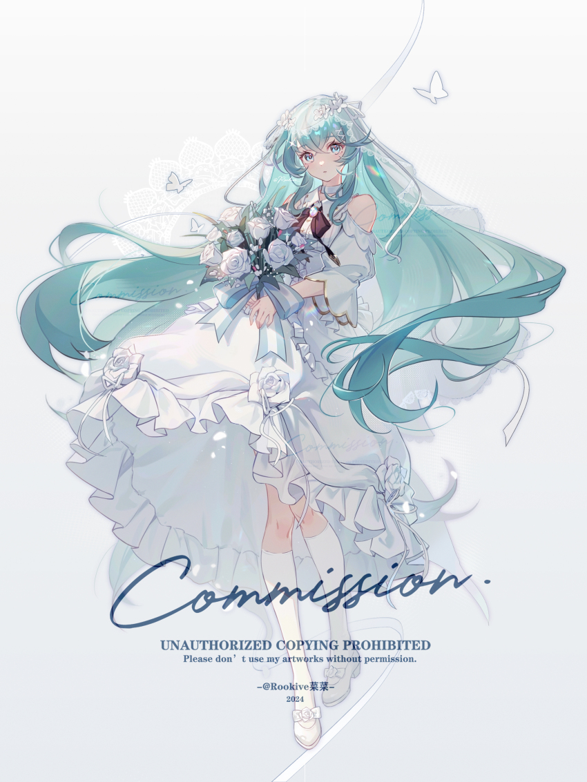 1girl 2024 absurdres alternate_costume alternate_hairstyle aqua_eyes aqua_hair arched_bangs baby&#039;s-breath black_ribbon blue_ribbon bouquet bow bridal_veil bride brooch bug butterfly center-flap_bangs center_frills choker collared_dress commission crossed_bangs diamond_(gemstone) diamond_brooch dot_nose dress dress_flower expressionless eyelashes fabric falling_petals floating_hair flower footwear_bow footwear_flower frilled_dress frilled_shirt_collar frills full_body gem glint glowing glowing_petals gold_trim hair_between_eyes hair_down hair_flower hair_ornament hair_over_shoulder hair_ribbon hairclip hatsune_miku head_tilt high_heels highres holding holding_bouquet insect jewelry kneehighs lace-trimmed_veil lace_trim layered_dress lens_flare light_particles long_dress long_eyelashes long_hair looking_at_viewer neck_ribbon off-shoulder_dress off_shoulder parted_lips patterned_background petals puffy_short_sleeves puffy_sleeves pumps ribbon rookive rose rose_petals shoes short_sleeves sidelocks simple_background socks solo striped_ribbon tareme twitter_username veil very_long_hair vocaloid wedding_dress white_background white_bow white_butterfly white_choker white_dress white_flower white_petals white_rose white_shoes white_socks white_theme wide_sleeves wing_collar wispy_bangs x_hair_ornament
