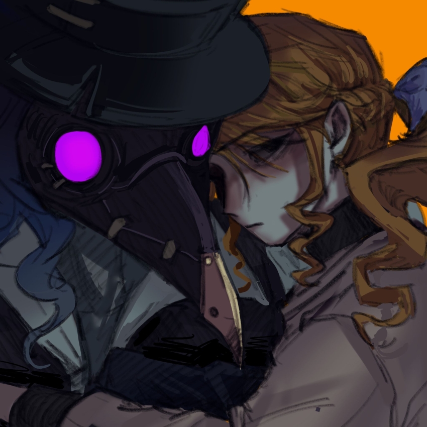 1boy 1girl alice_deross beijingban18388 black_eyes black_hat black_shirt blonde_hair blue_hair chinese_commentary closed_mouth commentary_request empty_eyes grey_sweater hat highres identity_v long_hair nightmare_(identity_v) orange_background plague_doctor_mask ponytail procreate_(medium) shirt simple_background sweater wavy_hair