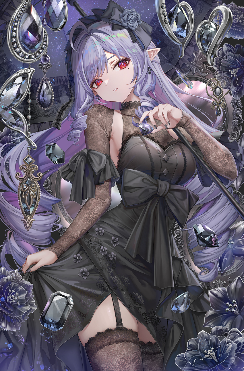 1girl absurdres alternate_costume armpit_crease black_dress black_flower black_gemstone black_nails black_thighhighs breasts commentary_request cowboy_shot dress earrings fingernails flower gem highres holding holding_gem holding_umbrella jewelry lace lace-trimmed_thighhighs lace_trim large_breasts long_hair looking_at_viewer mole mole_under_eye multicolored_hair nail_polish parted_lips pointy_ears purple_umbrella red_eyes sidelocks solo streaked_hair thighhighs thighs torino_aqua umbrella vivian_banshee zenless_zone_zero