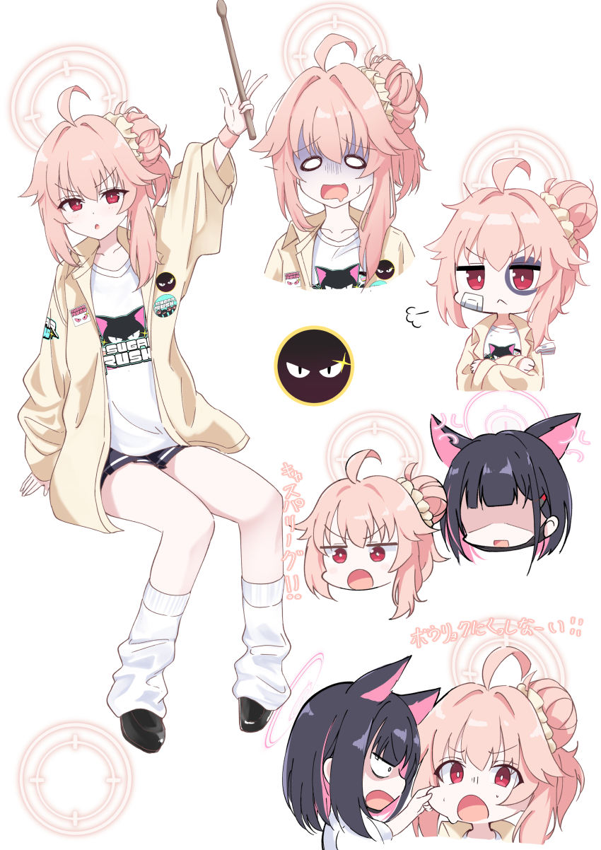 2girls absurdres ahoge anger_vein animal_ears black_footwear black_hair black_mask black_skirt blue_archive blush cat_ears closed_mouth collarbone colored_inner_hair crossed_arms drumsticks extra_ears hair_between_eyes halo highres holding holding_drumsticks jacket kazusa_(band)_(blue_archive) kazusa_(blue_archive) long_hair long_sleeves loose_socks mask mask_pull mouth_mask multicolored_hair multiple_girls multiple_views natsu_(band)_(blue_archive) natsu_(blue_archive) o_o official_alternate_costume open_clothes open_jacket pandoa_(mikage0495) parted_lips pink_hair pink_halo pleated_skirt red_eyes shaded_face shirt shoes short_hair simple_background skirt socks translation_request white_background white_shirt white_socks yellow_jacket