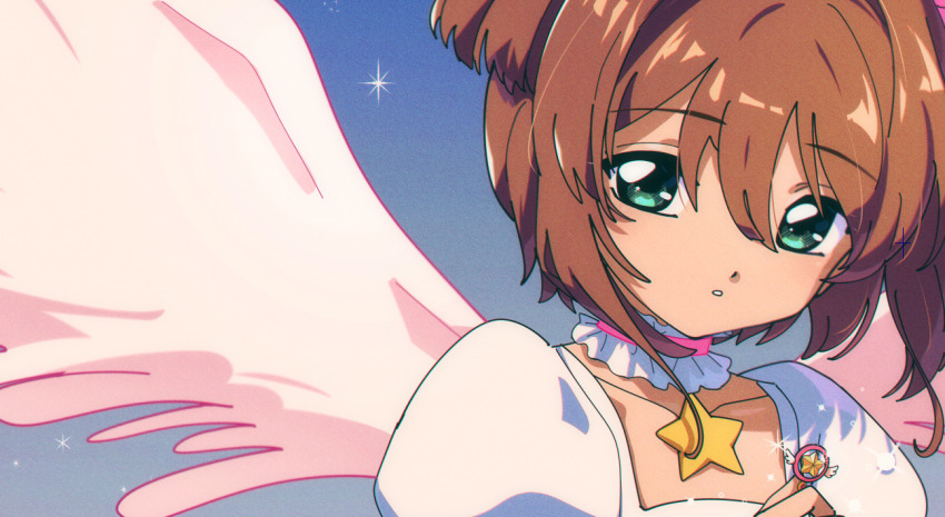 1990s_(style) 1girl blue_sky brown_hair cardcaptor_sakura dress green_eyes kinomoto_sakura kinomoto_sakura_(astral_sakura) oversized_wings looking_at_viewer magical_girl nzeneee pink_wings retro_artstyle sky solo star_(symbol) white_dress wings yellow_star
