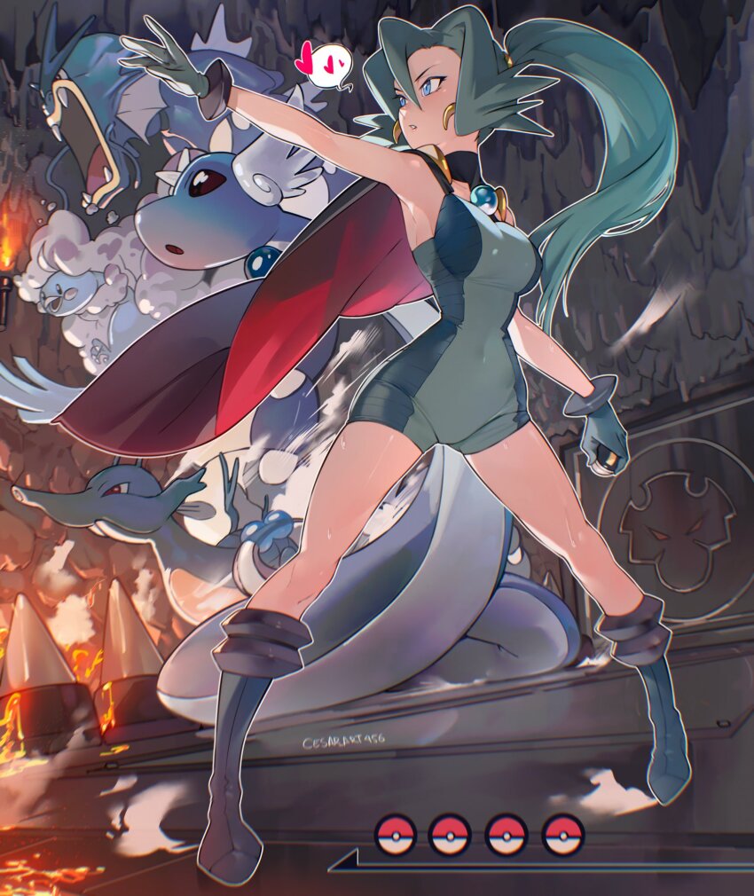 1girl altaria armpits artist_name black_cape blue_boots blue_eyes blue_gloves blue_hair blue_unitard boots breasts cape cave cesar_art456 clair_(pokemon) commentary_request covered_navel creatures_(company) dragonair floating_hair game_freak gen_1_pokemon gen_2_pokemon gen_3_pokemon gloves gyarados hair_between_eyes heart highres holding holding_poke_ball kingdra knee_boots large_breasts legs_apart long_hair mega_altaria mega_pokemon nintendo outstretched_arm parted_lips poke_ball pokemon pokemon_(creature) pokemon_hgss ponytail skin_tight spanish_commentary spoken_heart stalactite standing teeth ultra_ball unitard very_long_hair