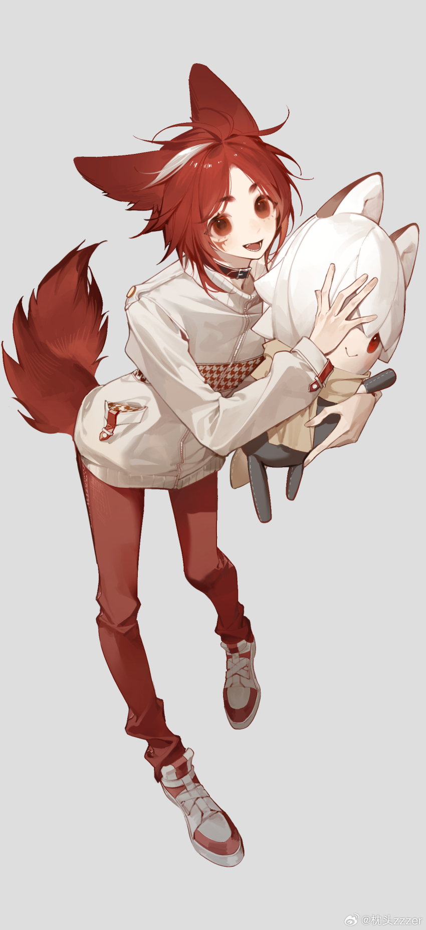 1boy absurdres androgynous animal_ears belt_collar blush collar facepaint fox_boy fox_ears fox_tail full_body highres holding holding_stuffed_toy jacket male_focus medium_hair multicolored_hair open_mouth original pants parted_bangs red_eyes red_hair red_pants shoes sneakers solo streaked_hair stuffed_toy tail teeth white_hair white_jacket zzennn