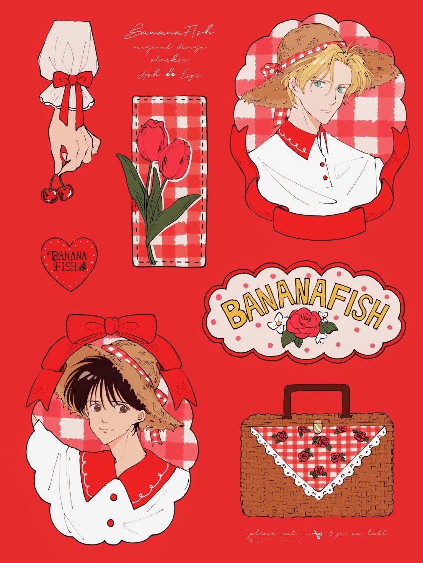 2boys ash_lynx banana_fish black_hair blonde_hair blue_eyes briefcase brown_eyes cherry collared_shirt flower food fruit hat hat_ribbon highres holding holding_cherry holding_food holding_fruit looking_at_viewer male_focus multiple_boys okumura_eiji parted_bangs plaid_ribbon portrait red_background red_flower red_rose ribbon rose shirt straw_hat tulip upper_body white_flower white_shirt yu_ru_lull