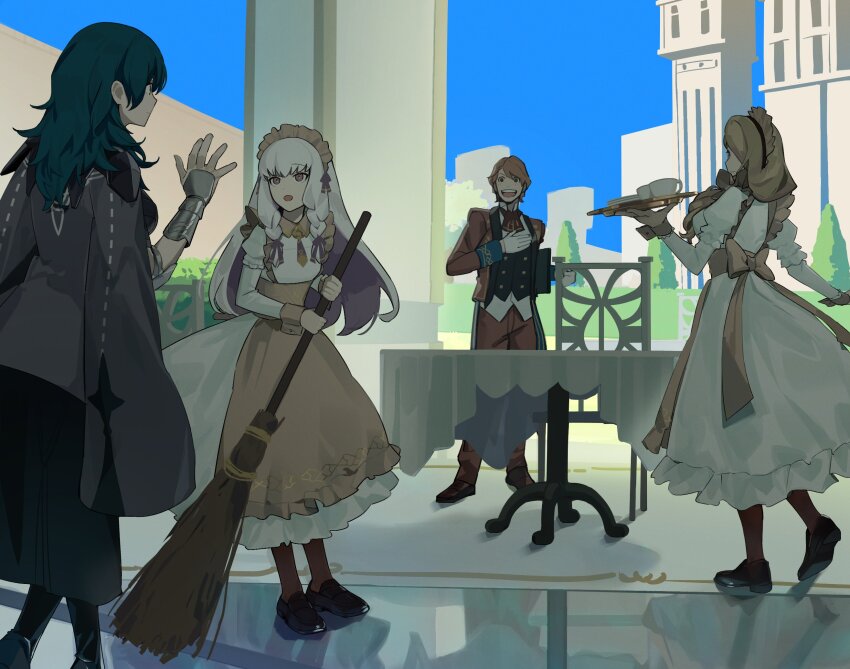 1boy 3girls alternate_costume apron ascot black_footwear black_vest blonde_hair bolo_tie braid braided_sidelock broom brown_apron female_byleth_(fire_emblem) closed_mouth collared_dress cup dress dress_shoes enmaided ferdinand_von_aegir ferdinand_von_aegir_(tea_party) fire_emblem fire_emblem:_three_houses fire_emblem_heroes formal_clothes full_body gloves green_hair hair_over_shoulder hair_ribbon hair_tie hand_on_own_chest highres holding holding_tray jacket juliet_sleeves lapels leggings loafers long_hair long_sleeves low_ponytail lysithea_von_ordelia lysithea_von_ordelia_(tea_party) maid maid_apron maid_headdress mercedes_von_martritz mercedes_von_martritz_(tea_party) multiple_girls nintendo official_alternate_costume official_alternate_hairstyle open_mouth orange_eyes orange_hair pants pantyhose ponytail puffy_sleeves purple_eyes red_ascot red_jacket red_pants red_suit ribbon saucer shawl_lapels shirt shishima_eichi shoes sleeve_cuffs smile standing suit swept_bangs teacup tray twin_braids vest waitress white_gloves white_hair white_shirt