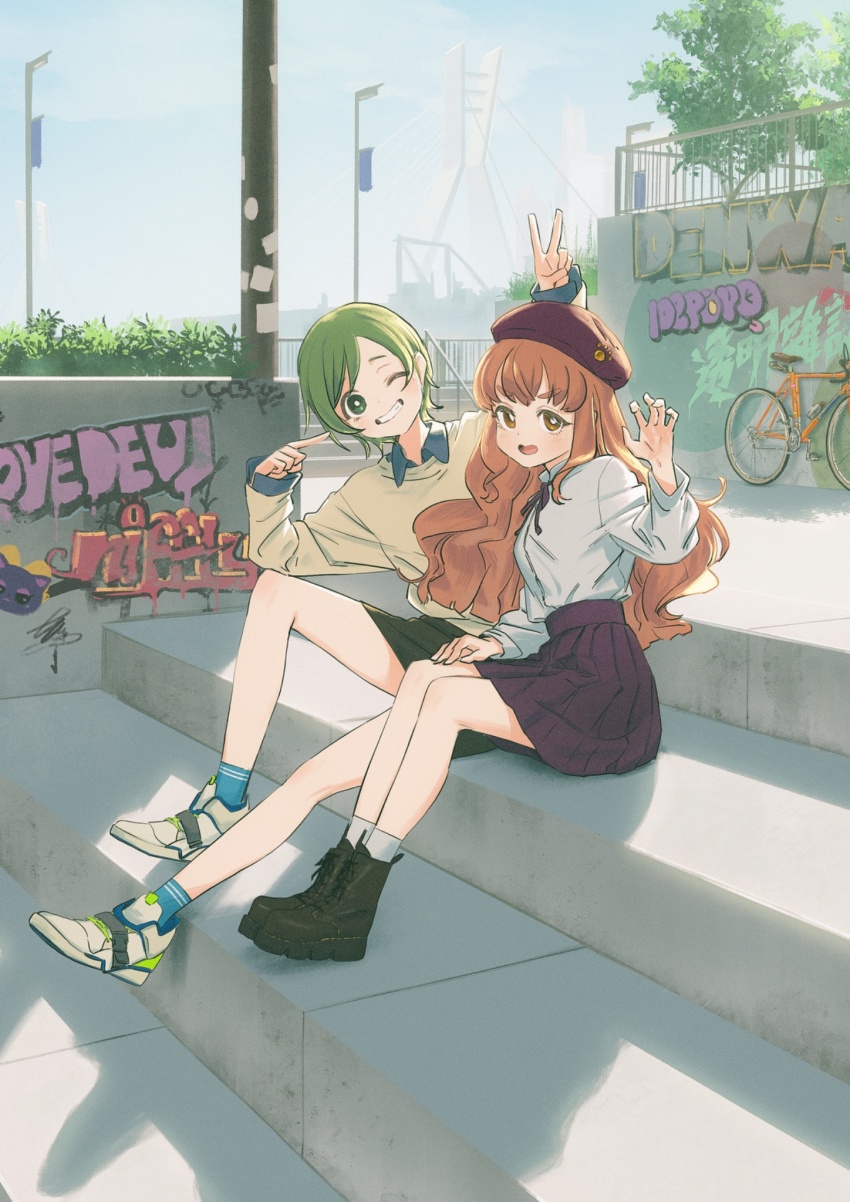 2girls :d beret bicycle black_boots black_skirt blue_shirt blue_sky blush boots bright_pupils claw_pose collared_shirt dot_nose graffiti green_eyes green_hair grin hand_on_own_thigh hand_up hat highres himitsu_no_aipri himitsupuri index_finger_raised long_hair long_sleeves looking_at_viewer miniskirt mitsuba_airi multiple_girls neck_ribbon one_eye_closed open_mouth orange_eyes orange_hair outdoors pleated_skirt pointing pointing_at_self pretty_series purple_hat purple_ribbon purple_skirt ribbon shinomiya_rinrin shirt shirt_tucked_in shoes short_hair sitting skirt sky smile socks stairs v-shaped_eyebrows wavy_hair white_pupils white_shirt white_shoes white_socks yellow_shirt
