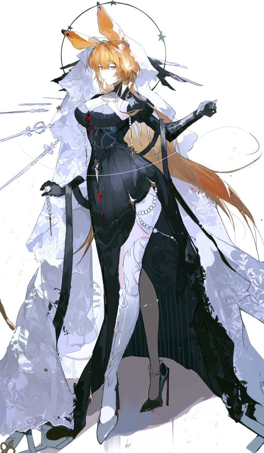 1girl absurdres animal_ears arknights black_dress black_gloves black_wings blonde_hair breasts cleavage cleavage_cutout clothing_cutout dorothy_(arknights) dorothy_(hand_of_destiny)_(arknights) dress floating floating_object floating_sword floating_weapon from_side full_body gem gloves head_wings high_heels highres jewelry juliet_sleeves long_hair long_sleeves looking_at_viewer medium_breasts mouse_ears mouse_girl necklace official_alternate_costume parted_lips pearl_(gemstone) pearl_anklet pearl_necklace puffy_sleeves ring simple_background single_thighhigh solo standing star_(symbol) sword thighhighs veil very_long_hair weapon weapon_formation white_background white_thighhighs white_veil wings yellow_eyes yuki_flourish