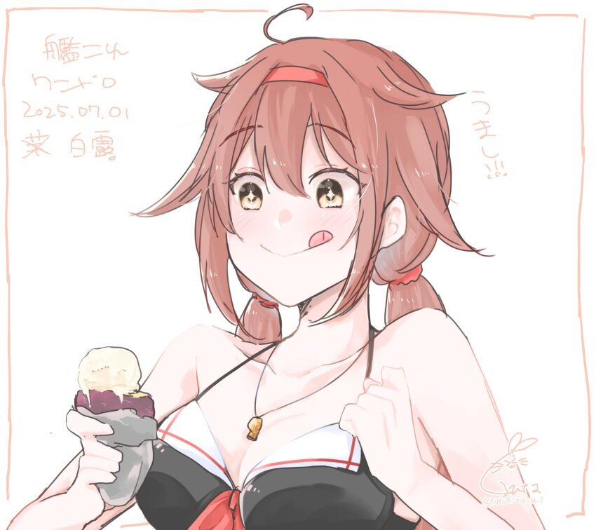 1girl ahoge bikini black_bikini breasts brown_eyes brown_hair character_name cleavage commentary_request copyright_name dated food hair_flaps hairband highres kantai_collection kurohina_(kurohina_66_s) large_breasts low_twintails red_hairband sailor_bikini sailor_collar shiratsuyu_(kancolle) shiratsuyu_(swimsuit)_(kancolle) shiratsuyu_kai_ni_(kancolle) solo sweet_potato swimsuit tongue tongue_out twintails upper_body whistle whistle_around_neck