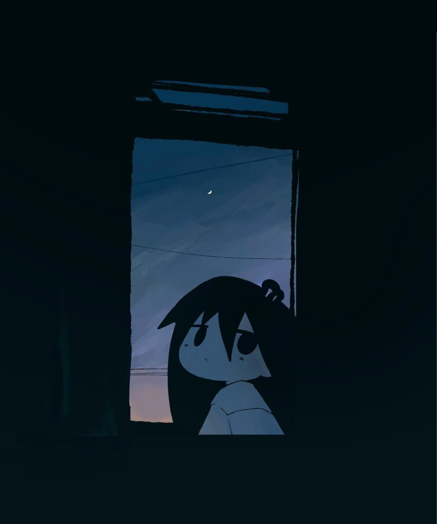 1girl alley black_eyes black_hair blue_sky crescent_moon evening from_side highres jitome long_hair looking_at_viewer moon shimeji_simulation shirt sky solo stuffing_scone tsukishima_shijima upper_body white_shirt