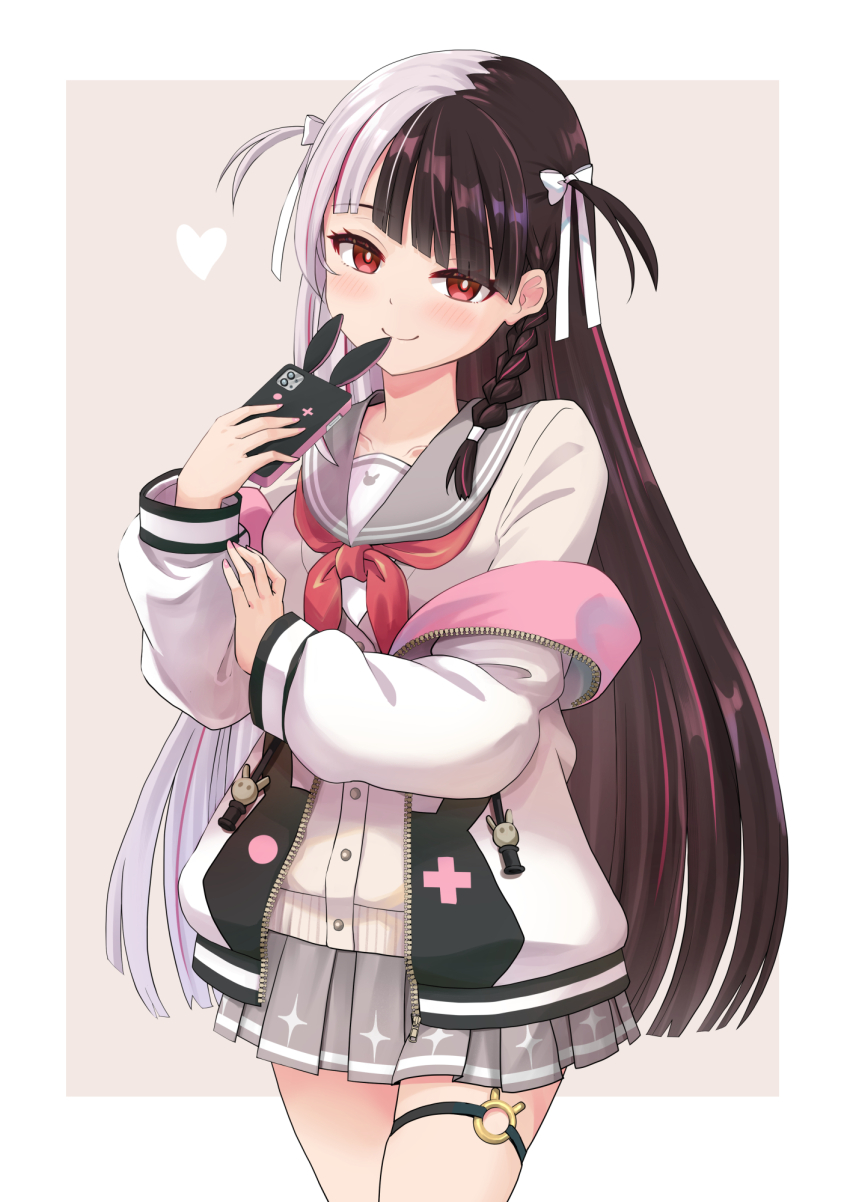 1girl black_hair blunt_bangs blunt_ends border bow braid breasts bright_pupils buttons cardigan cellphone closed_mouth collarbone cowboy_shot diagonal_bangs grey_cardigan grey_sailor_collar grey_skirt hair_bow hair_ribbon hand_up haniwa_(leaf_garden) highres holding holding_phone jacket light_blush long_hair long_sleeves looking_at_viewer medium_breasts miniskirt multicolored_hair multicolored_jacket nail_polish neckerchief nijisanji o-ring_strap off_shoulder open_clothes open_jacket outside_border phone pink_nails pleated_skirt red_eyes red_neckerchief ribbon sailor_collar side_braid simple_background skirt smartphone smile solo split-color_hair streaked_hair thigh_strap two_side_up very_long_hair virtual_youtuber white_bow white_hair white_pupils white_ribbon yorumi_rena zipper