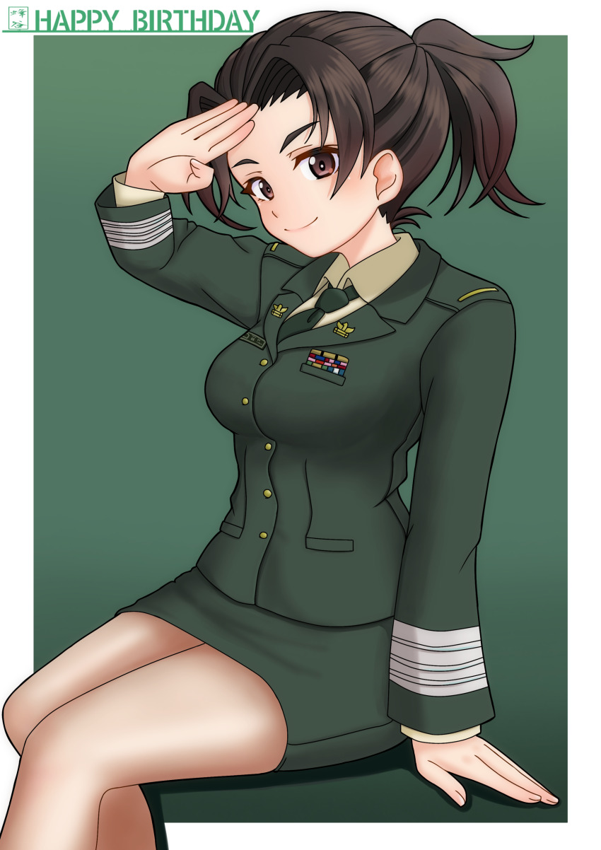 1girl absurdres amanone_yun breasts brown_eyes brown_hair brown_pantyhose collared_shirt dress_shirt girls_und_panzer green_jacket green_necktie green_skirt hachiya_chitose hand_on_ground highres jacket japan_ground_self-defense_force japan_self-defense_force military military_dress_uniform military_uniform miniskirt necktie pantyhose pencil_skirt ponytail salute shirt sitting skirt smile wing_collar yellow_shirt