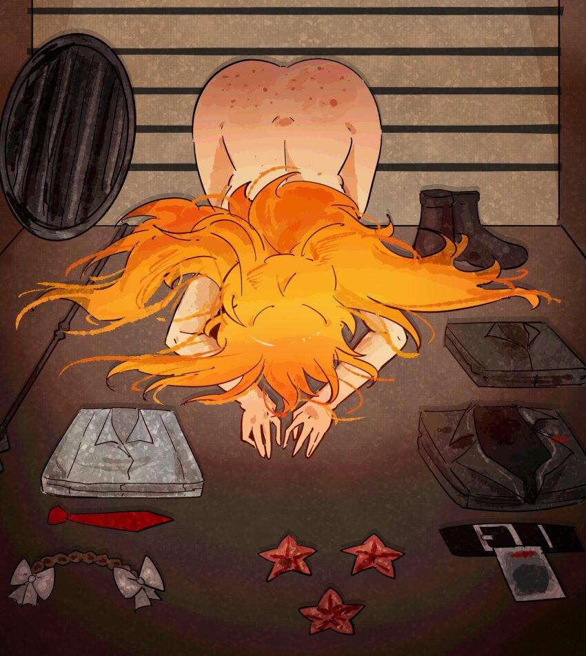 1girl arczaeon ass ass_freckles belt body_freckles boots coat completely_nude dogeza folded_clothes freckles grate hair_spread_out hairband highres ishmael_(project_moon) limbus_company long_hair naked_dogeza necktie nude orange_hair project_moon ribbon shirt solo star_(symbol) very_long_hair