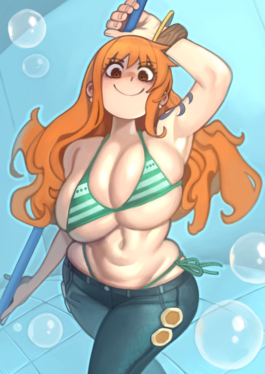 1girl absurdres arm_tattoo armpits bikini bracelet breasts brown_eyes bubble closed_mouth cowboy_shot denim earrings green_bikini highres holding holding_staff huge_breasts jeans jewelry kelvin_hiu long_hair nami_(one_piece) navel one_piece orange_hair pants side-tie_bikini_bottom smile smug solo staff standing string_bikini swimsuit tattoo tile_floor tiles underboob