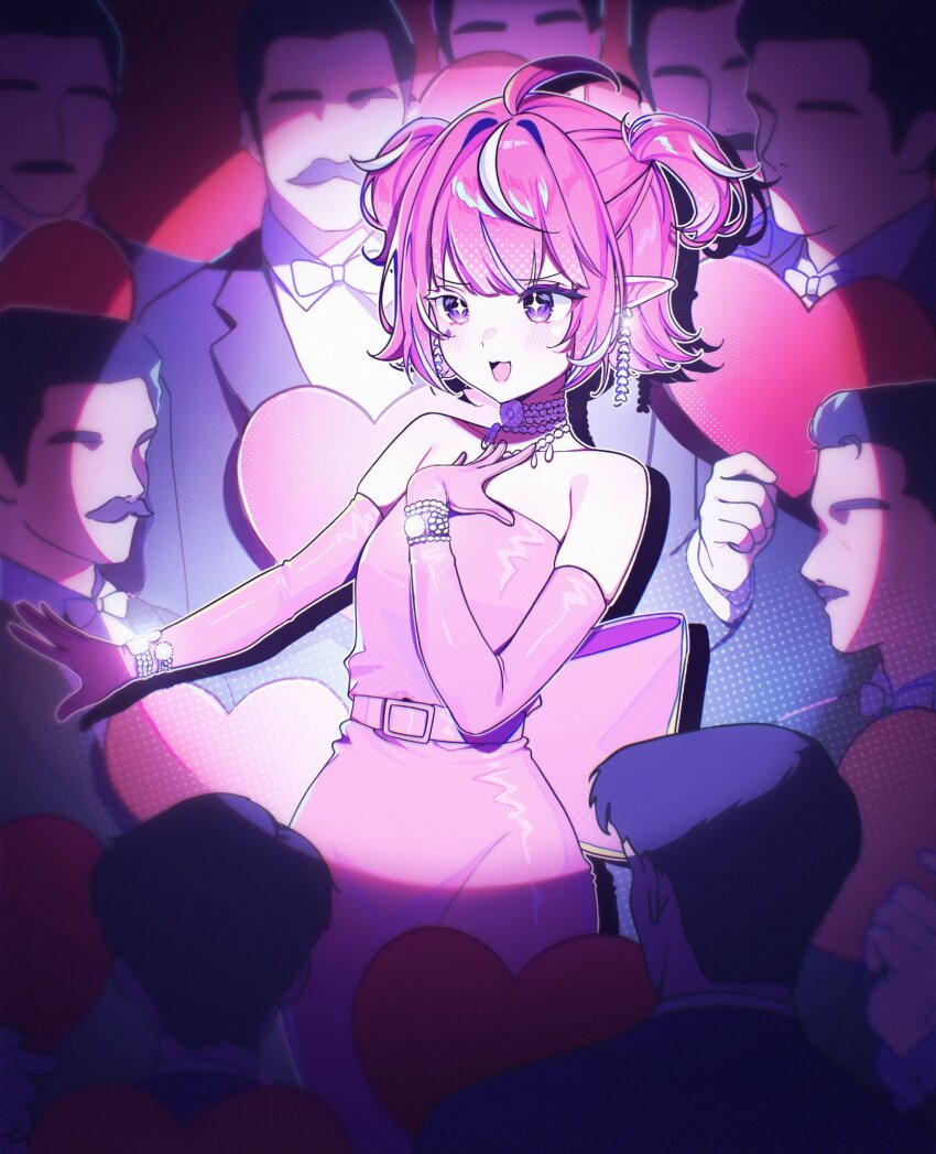1girl ahoge back_bow belt bow camila_(vtuber) colored_eyelashes crowd diamond_facial_mark dress earrings elbow_gloves facial_hair facial_mark gloves hand_on_own_chest heart highres indie_virtual_youtuber jewelry miyuchiq multicolored_hair mustache off-shoulder_dress off_shoulder open_mouth pink_belt pink_bow pink_dress pink_gloves pink_hair pointy_ears purple_eyes short_hair sleeveless sleeveless_dress sparkling_eyes strapless strapless_dress streaked_hair two_side_up virtual_youtuber white_hair