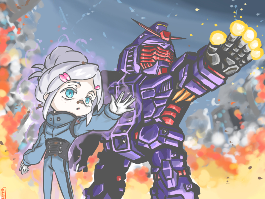 1girl beam_cannon blue_eyes building burning chest_cannon chibi commentary_request debris derivative_work destruction deux_murasame energy energy_gun faceplate finger_cannon firing gundam gundam_gquuuuuux highres machinery mecha mecha_focus mecha_pilot_suit mobile_suit mukago partial_commentary psycho_gundam reactive_armor red_visor robot ruins science_fiction signature sketch smoke v-fin weapon