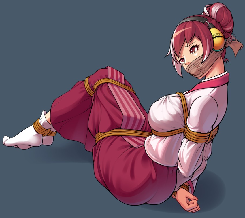 1girl arms_behind_back bdsm bondage bound bound_arms bound_legs bound_wrists cloth_gag feet female_focus from_behind full_body gag gagged gbeeee guilty_gear guilty_gear_xrd hair_bun headphones highres improvised_gag korean_clothes kum_haehyun legs_together long_hair multicolored_hair no_shoes purple_eyes purple_hair rope simple_background single_hair_bun sitting socks solo two-tone_hair white_hair