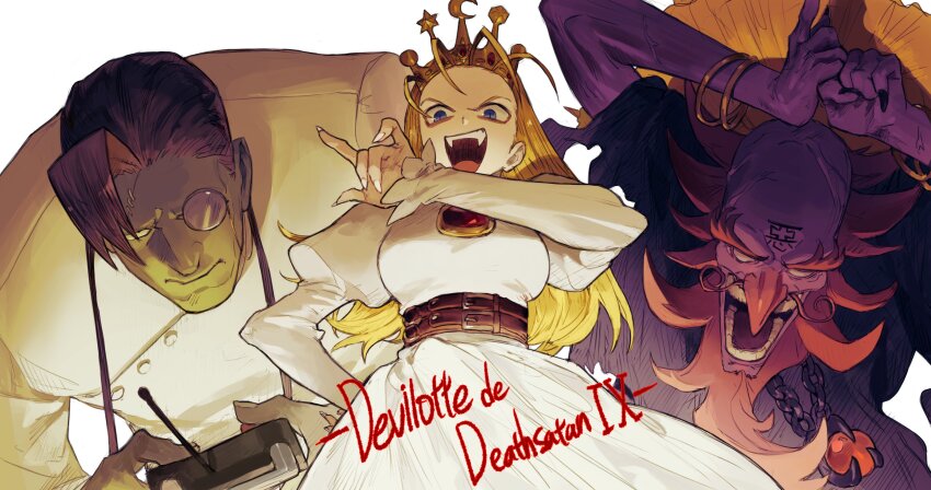 1girl 2boys absurdres blonde_hair blue_eyes breasts cropped_legs crown cyberbots devilot_de_deathsatan_ix dr_stein dress highres jigoku_daishi long_dress long_hair long_sleeves looking_at_viewer medium_breasts multiple_boys ojou-sama_pose p_(pm_611a) simple_background standing white_dress