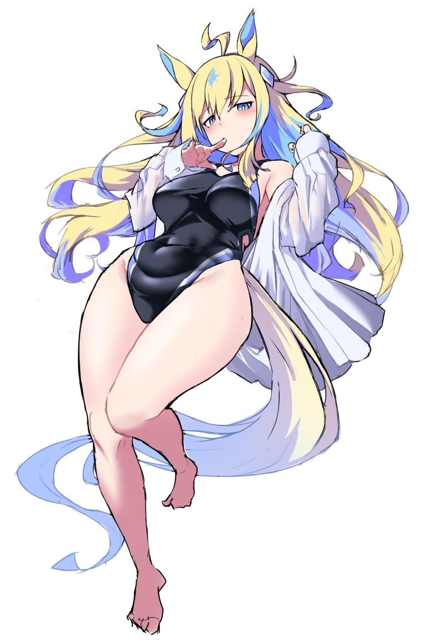 1girl absurdres ahoge animal_ears blue_eyes blush breasts collarbone commentary_request competition_swimsuit full_body hair_ornament hekahire_isurus highres horse_girl looking_at_viewer medium_breasts multicolored_hair neo_universe_(umamusume) one-piece_swimsuit simple_background solo standing standing_on_one_leg swimsuit thighs two-tone_hair umamusume white_background