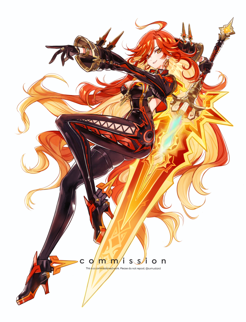 1girl a_thousand_blazing_suns_(genshin_impact) ahoge biker_clothes bikesuit black_bodysuit black_gloves bodysuit breasts cleavage commission earrings full_body genshin_impact gloves greatsword highres holding holding_weapon jewelry long_hair long_sleeves mavuika_(genshin_impact) multicolored_hair orange_eyes orange_hair red_hair simple_background sumustard sword two-handed_sword two-tone_hair very_long_hair weapon white_background