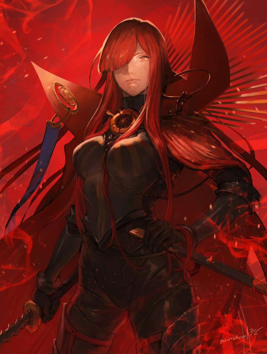 1girl absurdres black_bodysuit black_gloves bodysuit chain closed_mouth cowboy_shot eyelashes fate/grand_order fate_(series) gloves hair_over_one_eye high_collar highres holding holding_sword holding_weapon long_hair oda_nobunaga_(fate) oda_nobunaga_(maou_avenger)_(fate) plytometo red_theme skin_tight solo sword weapon