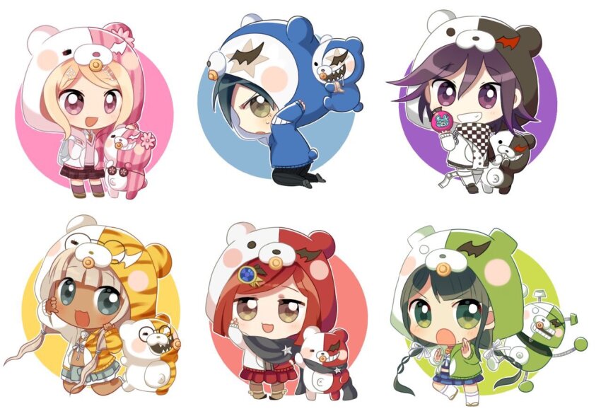 2boys 4girls akamatsu_kaede animal animal_ear_hood animal_ears animal_hood animal_on_head animal_print arm_cutout bare_legs bead_necklace beads bear bear_ears bear_hood bear_tail belt belt_buckle bikini bikini_ribbon black-framed_eyewear black_hair black_hoodie black_pants black_ribbon black_scarf blonde_hair blue_eyes blue_gemstone blue_hoodie blue_serafuku blue_shirt blue_skirt blunt_bangs blunt_ends bob_cut bomb boots bow brooch brown_eyes brown_footwear brown_pantyhose buckle buttons chabashira_tenko chain checkered_clothes checkered_scarf chibi circle collared_shirt commentary_request cosplay danganronpa_(series) danganronpa_v3:_killing_harmony dark-skinned_female dark_skin double-breasted drooling explosive eyelashes eyewear_on_head fake_animal_ears fake_tail fang fighting_stance flower footwear_ribbon fortissimo frilled_bikini frilled_skirt frills gem gem_hair_ornament glasses green_eyes green_jacket grey_footwear grey_hair grey_vest grin hair_between_eyes hair_ornament hair_over_shoulder hair_ribbon hair_through_headwear hair_tubes hairclip hand_on_own_face holding holding_bomb hood hood_up hoodie indoors jacket jewelry jumping kneehighs layered_sleeves light_blush long_hair long_sleeves looking_at_animal looking_at_viewer low_twintails midriff miniskirt monodam monodam_(cosplay) monokid monokid_(cosplay) monokuma monokuma_(cosplay) monophanie monophanie_(cosplay) monosuke monosuke_(cosplay) monotaro_(danganronpa) monotaro_(danganronpa)_(cosplay) multicolored_buttons multicolored_jacket multiple_boys multiple_girls musical_note musical_note_hair_ornament musical_note_print necklace necktie non-humanoid_robot oma_kokichi on_head open_belt open_mouth orange_jacket orange_necktie outline pacifier pants pantyhose pink_eyes pink_flower pink_jacket pink_vest pinstripe_pants pinstripe_pattern pinstripe_shirt pleated_skirt pointy_footwear purple_eyes purple_hair purple_skirt purple_socks red_hair red_jacket red_skirt ribbon robot robot_animal round_eyewear saihara_shuichi sandals scarf school_uniform serafuku shell shell_necklace shirt shoes short_hair simple_background skirt skirt_set sleeves_past_wrists smile socks soramame_(s0ramameeeee) standing star_(symbol) star_brooch stomach striped_clothes striped_jacket sweat swimsuit tail thigh_belt thigh_strap tiger_print twintails two-tone_jacket two-tone_scarf unmoving_pattern v-neck v-shaped_eyebrows vertical-striped_clothes vertical-striped_jacket vest white_background white_belt white_bikini white_bow white_footwear white_jacket white_outline white_pants white_ribbon white_scarf white_shirt white_socks yellow_sandals yonaga_angie yumeno_himiko