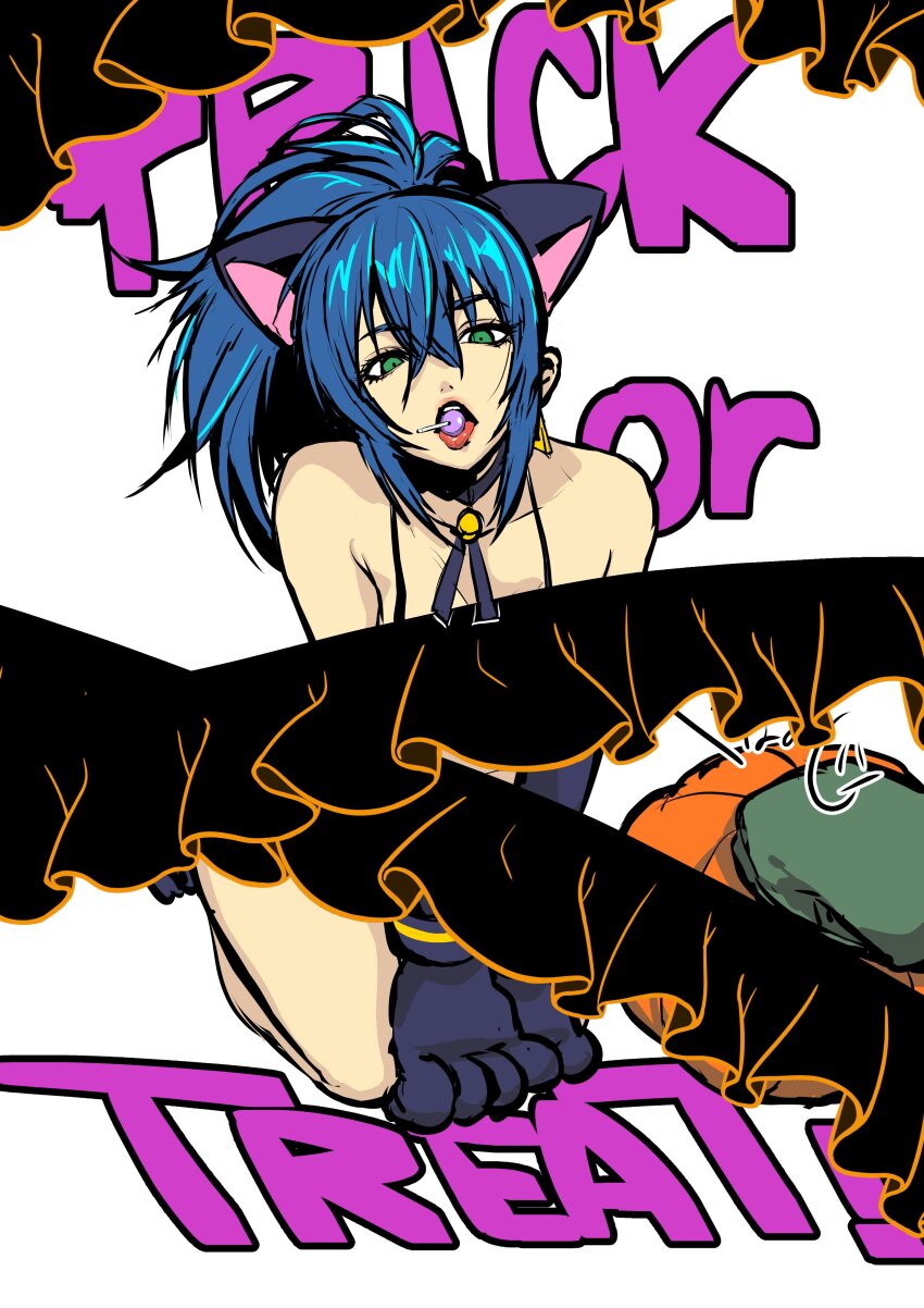 1girl absurdres animal_ears bikini blue_hair candy cat cat_ears cat_girl cat_tail churushiko_ costume female_focus food gloves green_eyes halloween halloween_costume highres kneeling kurogane_naoto_(churushiko) leona_heidern licking long_hair looking_at_viewer pale_skin ponytail swimsuit tail the_king_of_fighters thick_thighs thighs tongue tongue_out