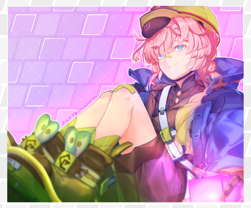 1girl @_@ absurdres artist_name bandaid bandaid_on_face bandaid_on_knee bandaid_on_leg bandaid_on_nose blue_eyes blue_jacket brown_hair fate/grand_order fate_(series) highres jacket jiso_(zevil10) mining_helmet purple_background shorts sitting smile van_gogh_(fate) van_gogh_(miner)_(fate)