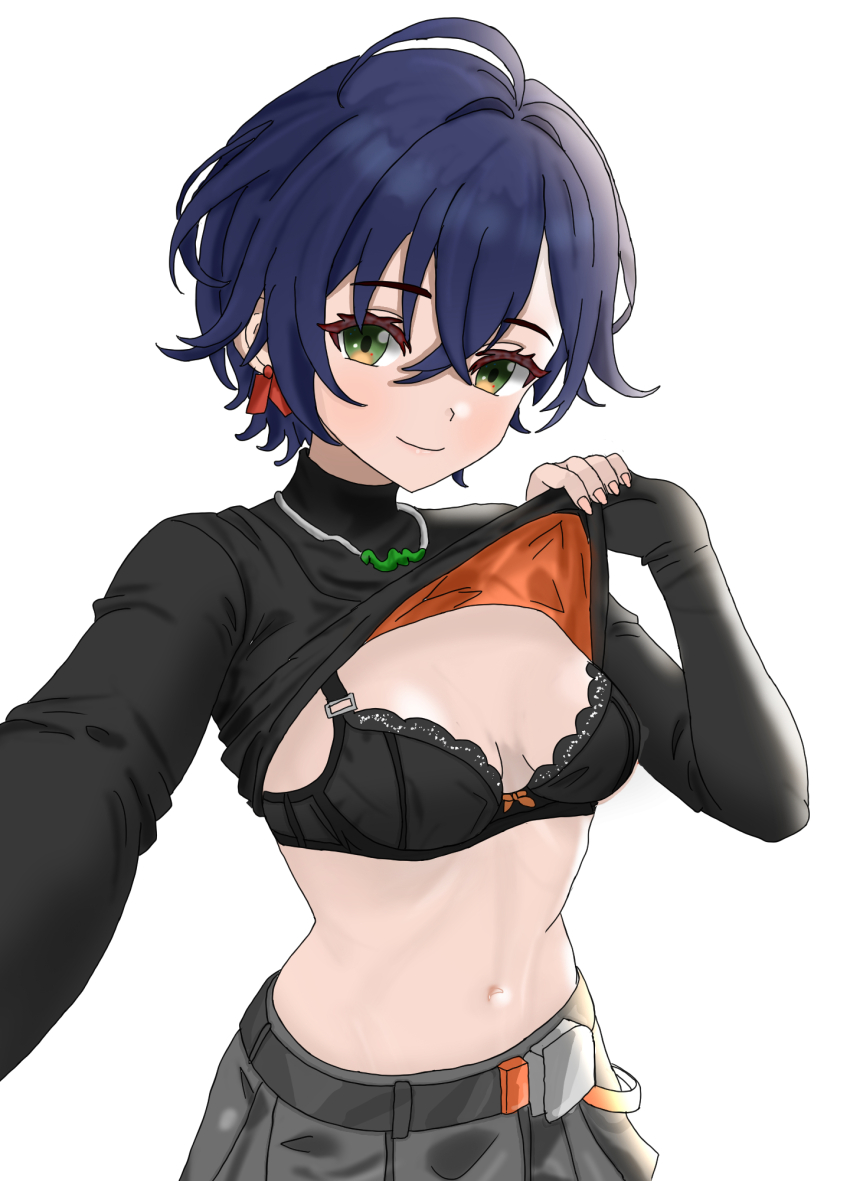 1girl belle_(zenless_zone_zero) black_bra black_sweater blue_hair bow bow_bra bra breasts cleavage closed_mouth green_eyes grey_skirt highres lifting_own_clothes long_sleeves looking_at_viewer navel orange_bow pleated_skirt short_hair simple_background skirt sleeves_past_wrists small_breasts smile solo stomach sweater underwear wanikani_(cradile) white_background zenless_zone_zero