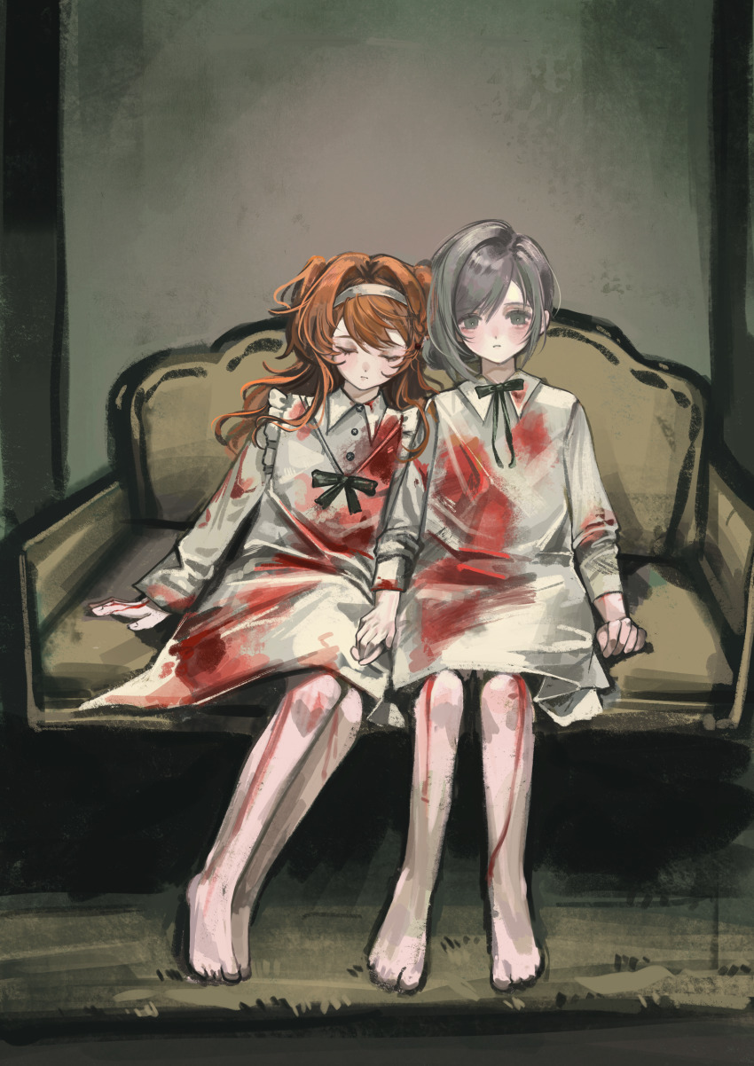 2girls a_tale_of_two_sisters absurdres aged_down barefoot black_ribbon blood blood_on_clothes blood_on_leg bloody_clothes bloody_dress closed_eyes couch dress full_body grey_eyes grey_hair hair_bun hairband highres kk_kekong leaning_on_person leaning_to_the_side long_hair long_sleeves looking_at_viewer medium_dress multiple_girls neck_ribbon on_couch reverse:1999 ribbon side-by-side single_side_bun solo sonetto_(reverse:1999) vertin_(reverse:1999) white_dress white_hairband